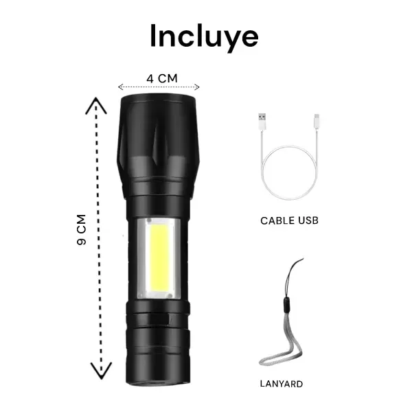 Mini Linterna Recargable Aluminio Zoom Led Xpe + Cob - Imagen 3